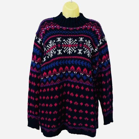 handknit Sweaters - Vintage Floral Snowflake Cottage Core-Oversized Fisherman Chunky Black Sweater2X